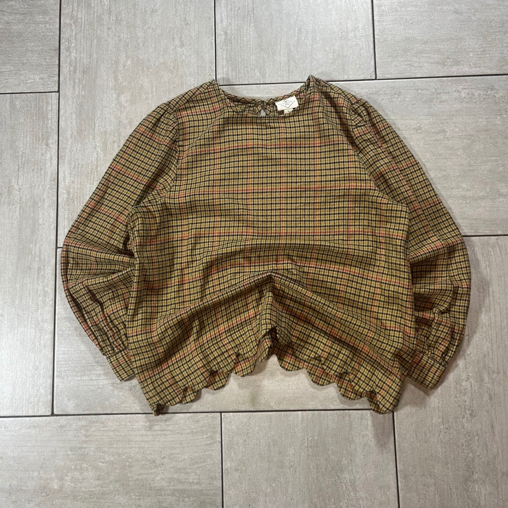 St Johns Bay Womens Large Plaid Scalloped Hem Long Sleeve Blouse Brown Yellow L